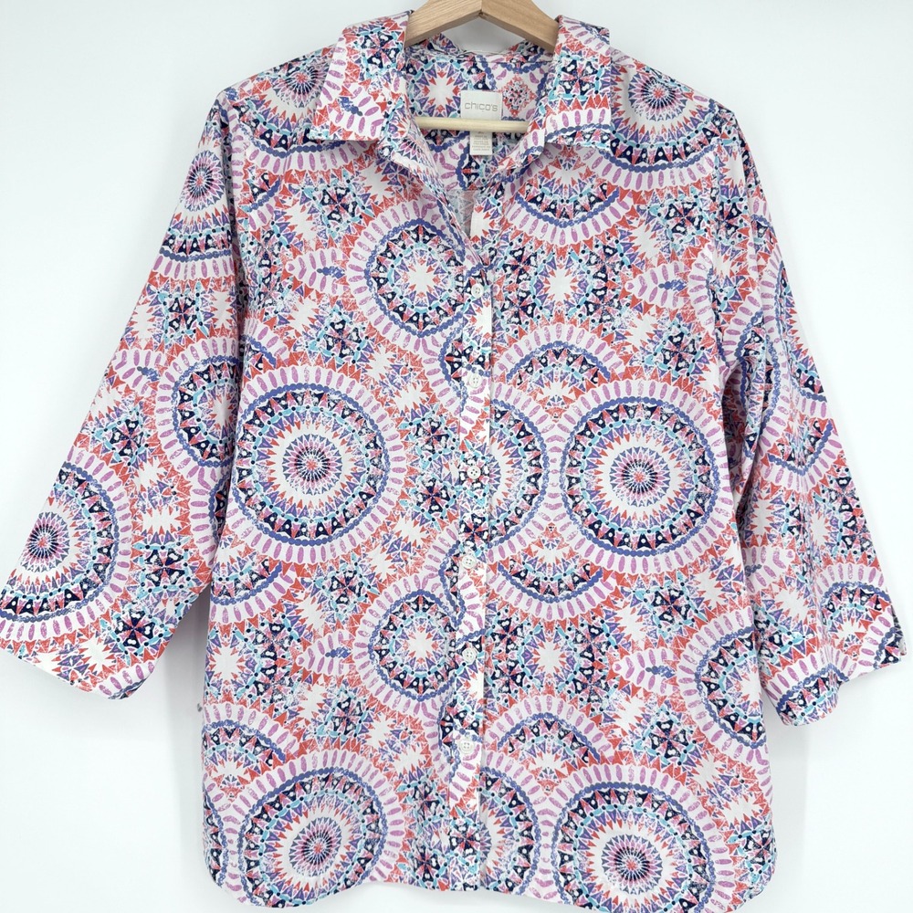 Chico's Women No Iron Button Front Shirt Blouse Sz 2 L‎ Multicolor 100% Cotton